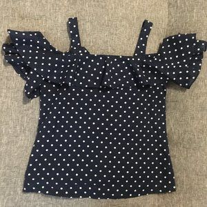 J. Crew Ruffle Navy Polka Dot Cold Shoulder Top 0